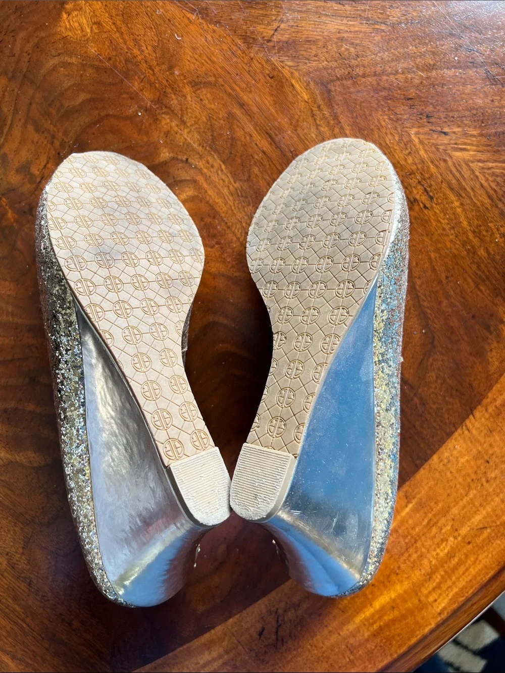 Lilly Pulitzer Gold Glitter Peep-Toe Wedges with Pink Insole